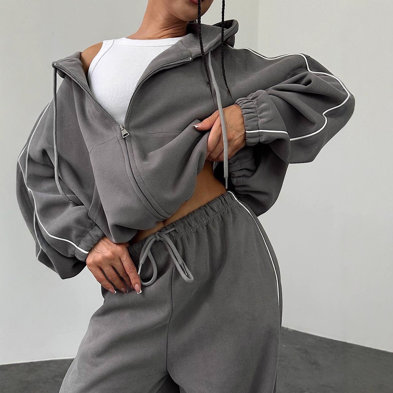 Women's Hooded Lace-Up Cardigan and Elastic Waist Pants Two-Piece Set
