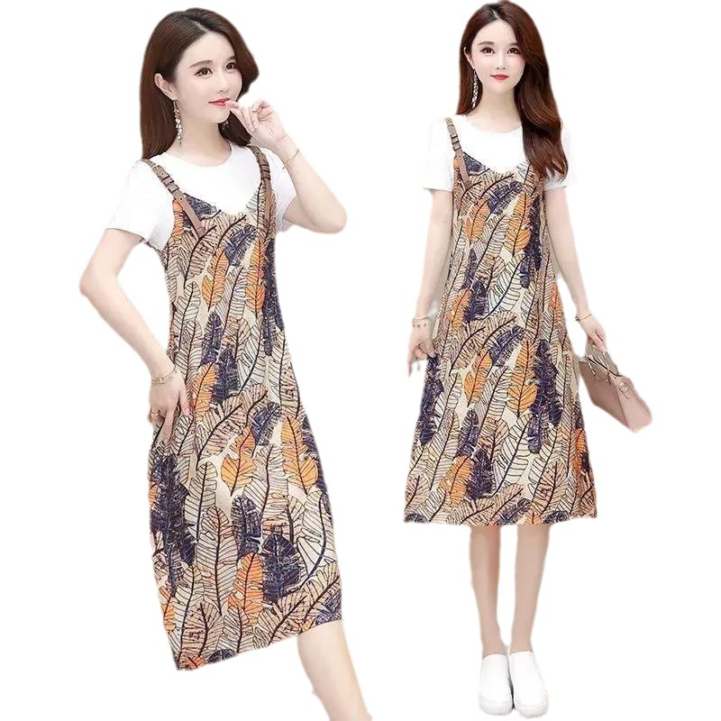Plus Size Women's Summer Short Sleeve A-Line Dress with Faux Two-Piece Color Block Print