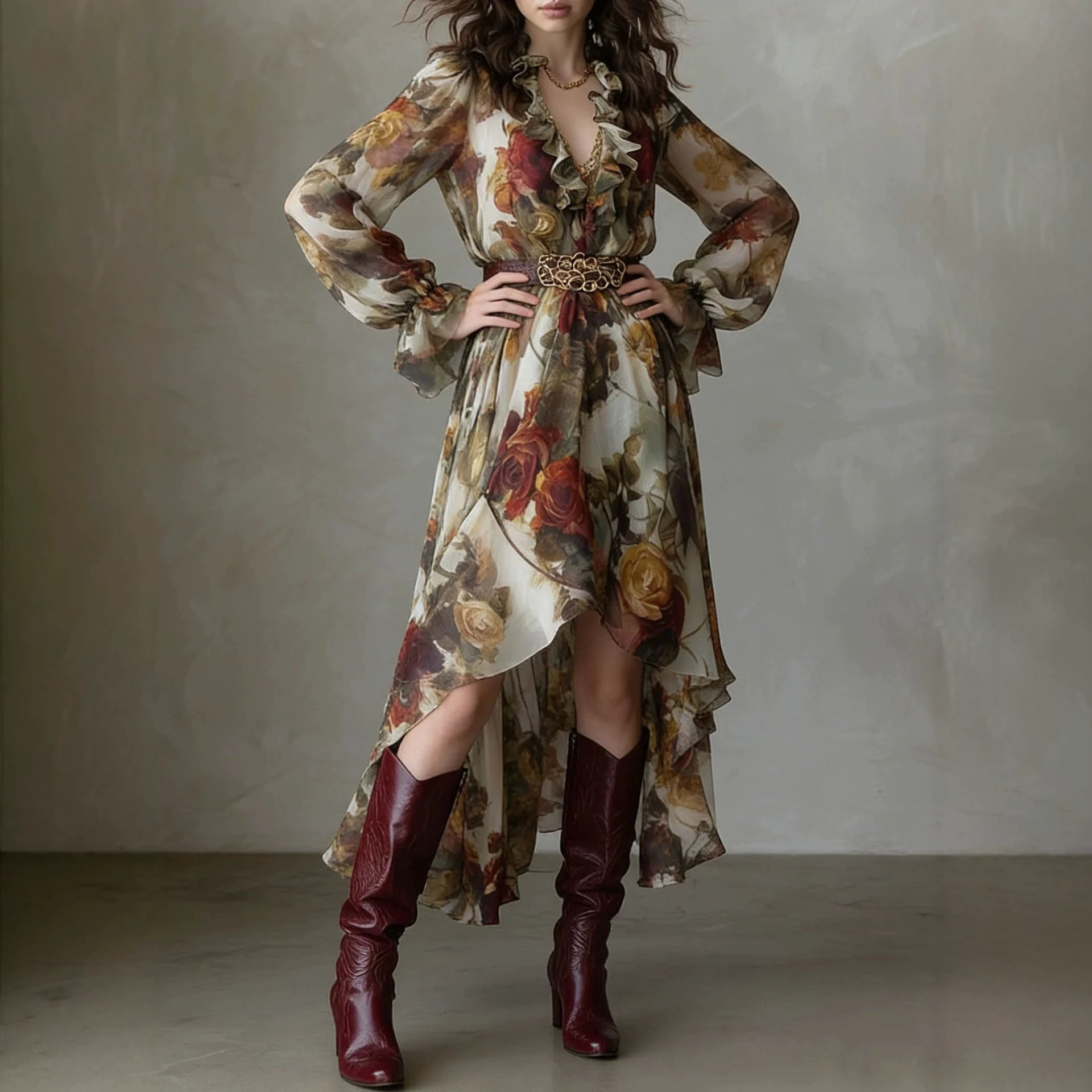 Vintage Oil Painting Rose Print Ruffle V-Neck Long Sleeve Cinched Waist Asymmetric Chiffon Maxi Dress with