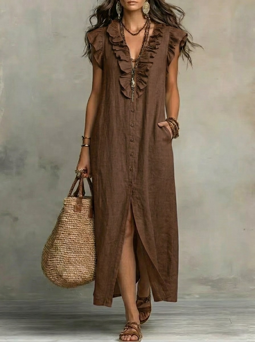 Boho Ruffle V-Neck Button-Front Maxi Dress with Pockets