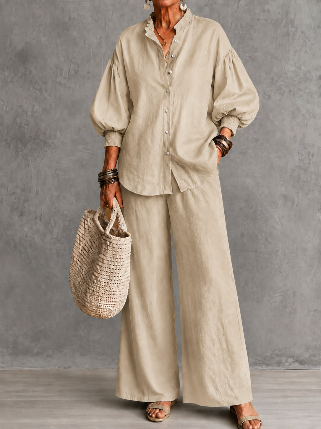 Women's Solid Ruffle Stand Collar Lantern Sleeve Shirt & Wide-Leg Pants Two-Piece Set