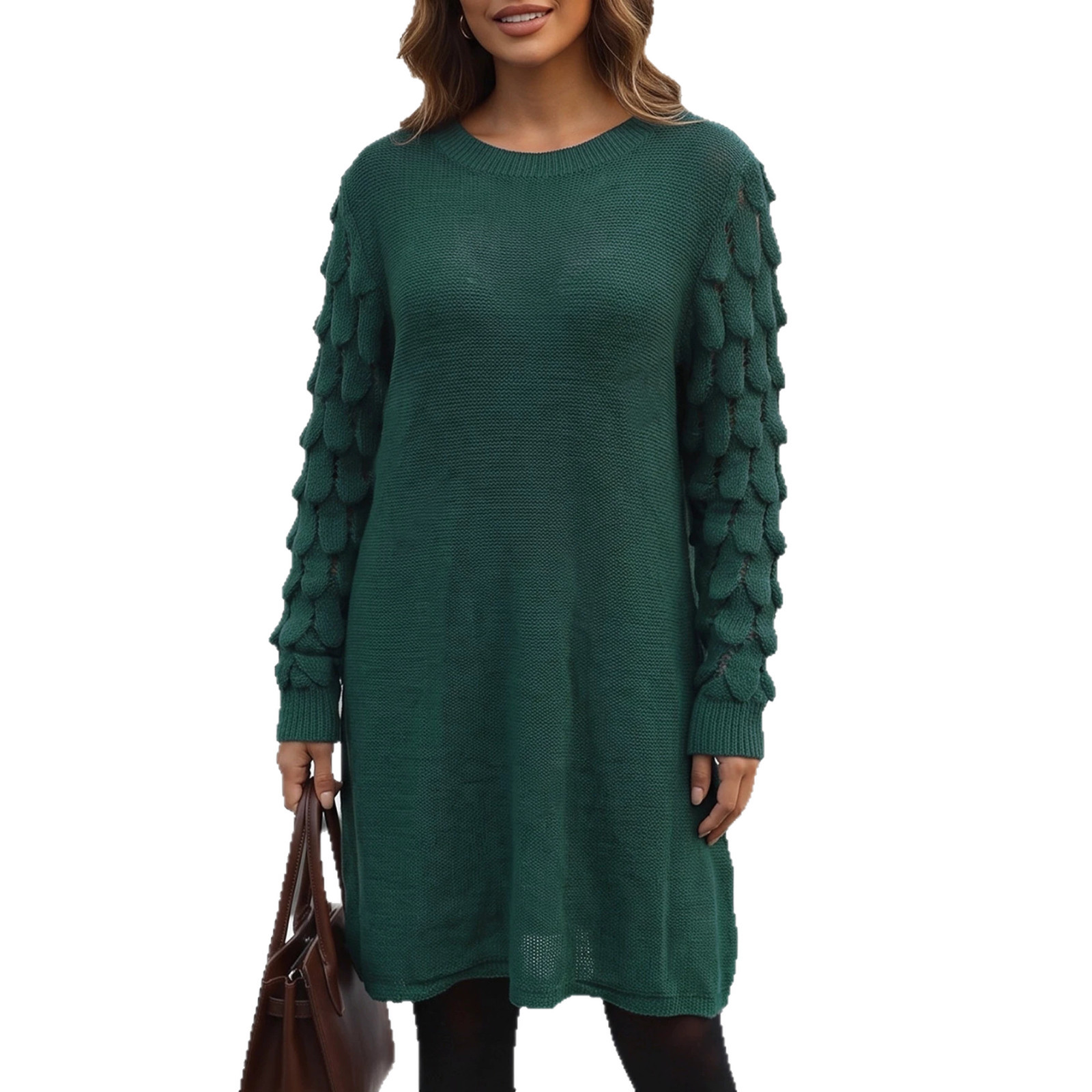 Women's Loose Fit Solid Color Round Neck Knit Sweater Dress with 3D Jacquard Sleeves