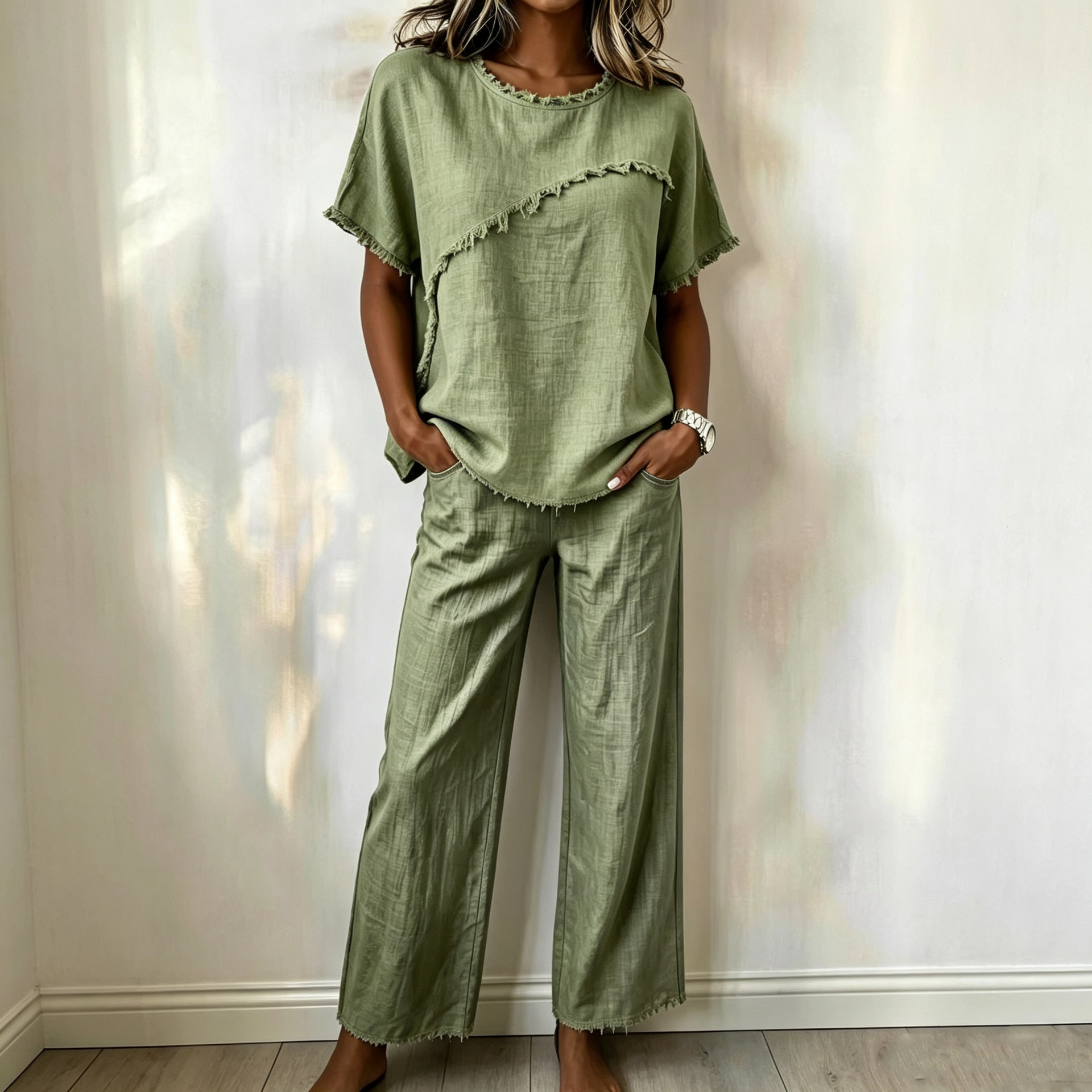 Women's Linen Two-Piece Set with Fringe Short Sleeve Top and Pants