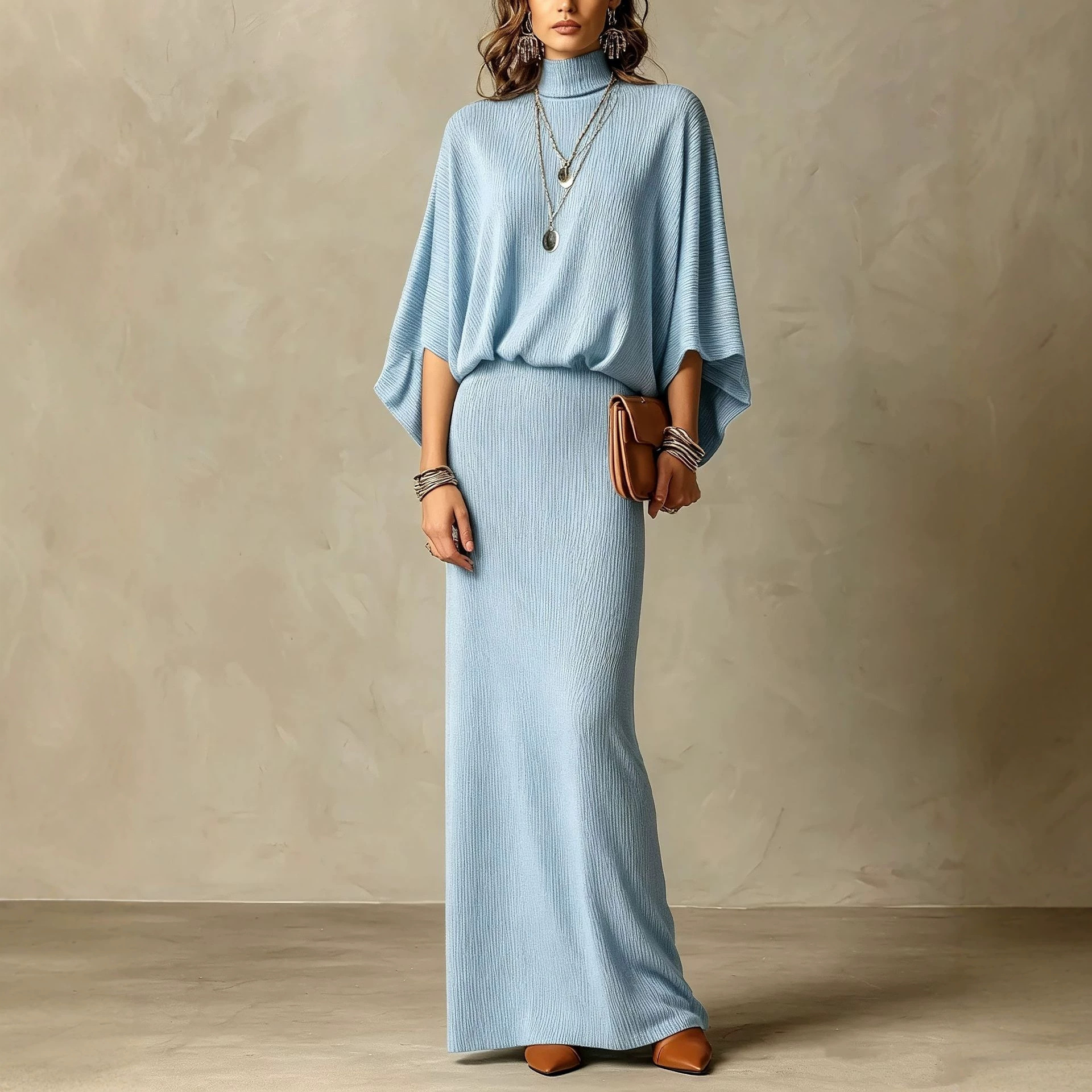 Solid Ribbed Batwing Sleeve Two-Piece Skirt Set Slimming Casual