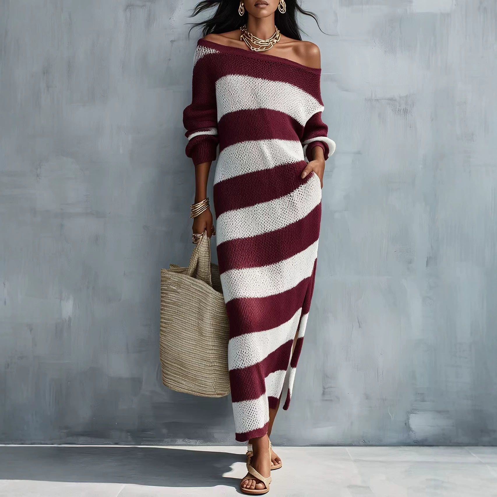 One-Shoulder Striped Knit Long Dress with Cutout and Slit