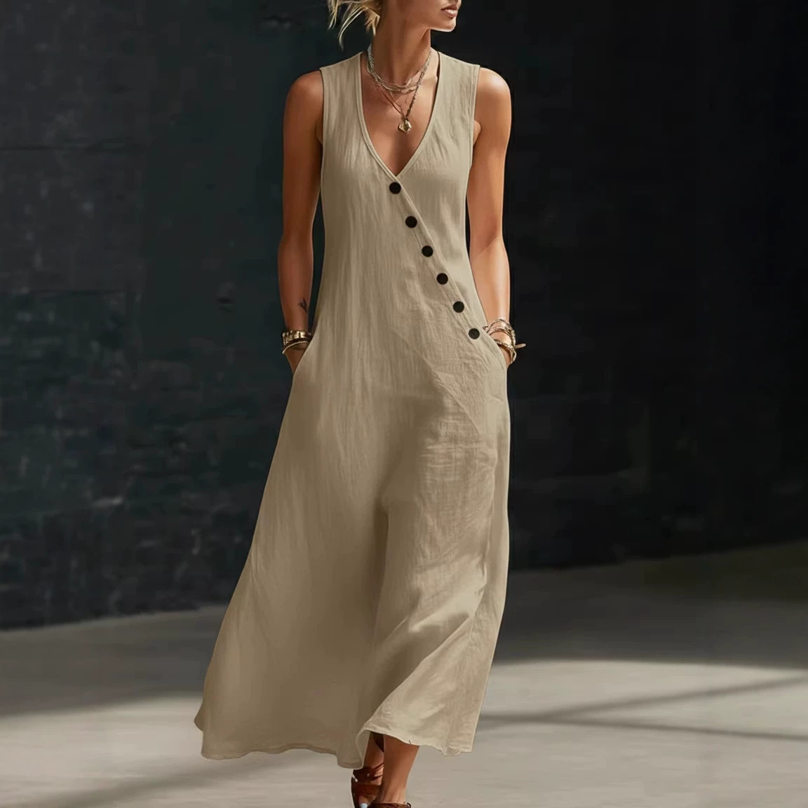 V-Neck Sleeveless Button-Front Midi Dress Cotton-Linen Vacation Casual