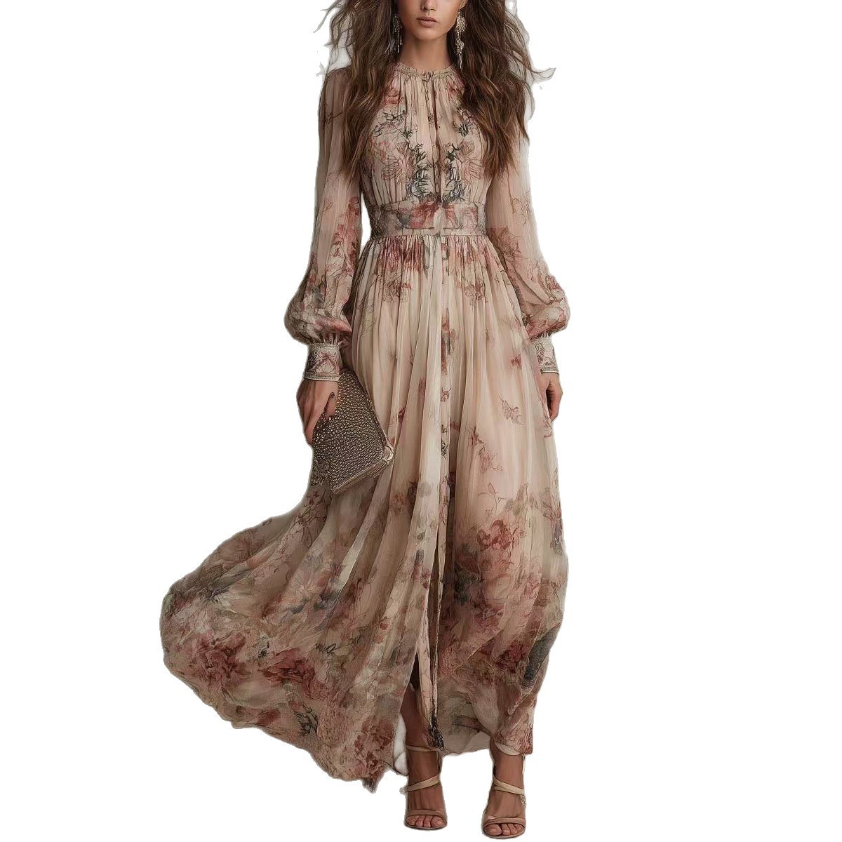 Artistic Retro Floral Print Cinched Waist Pleated Long Dress