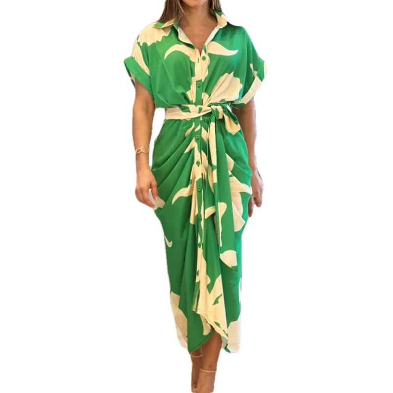 Women's Printed Collared High-Waist Shirt Dress