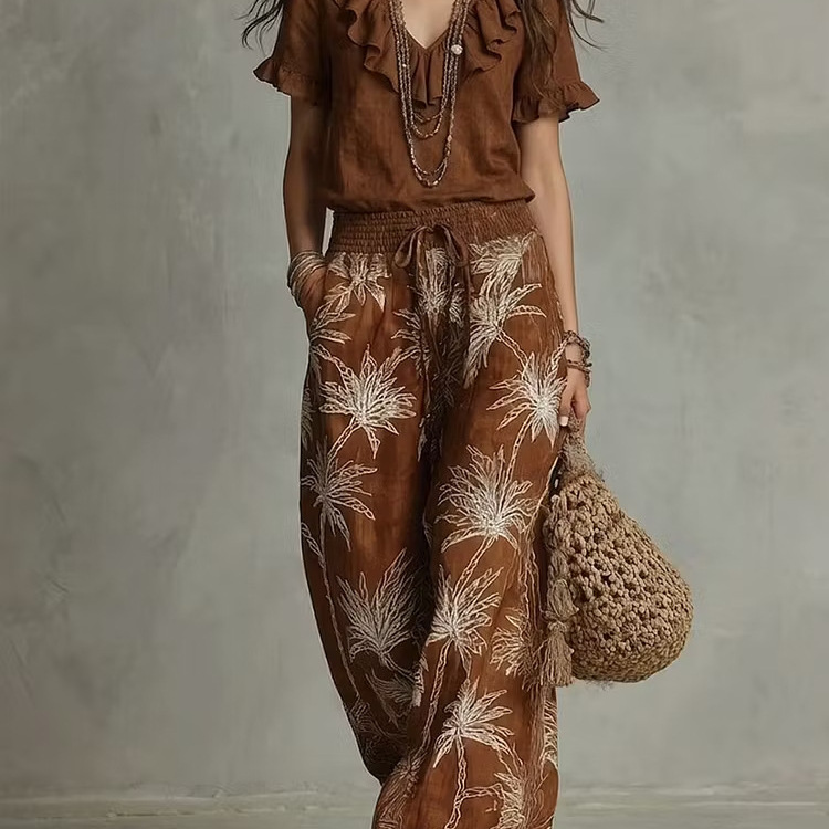 Ruffled V-Neck Short-Sleeve Printed Wide-Leg Pant Set