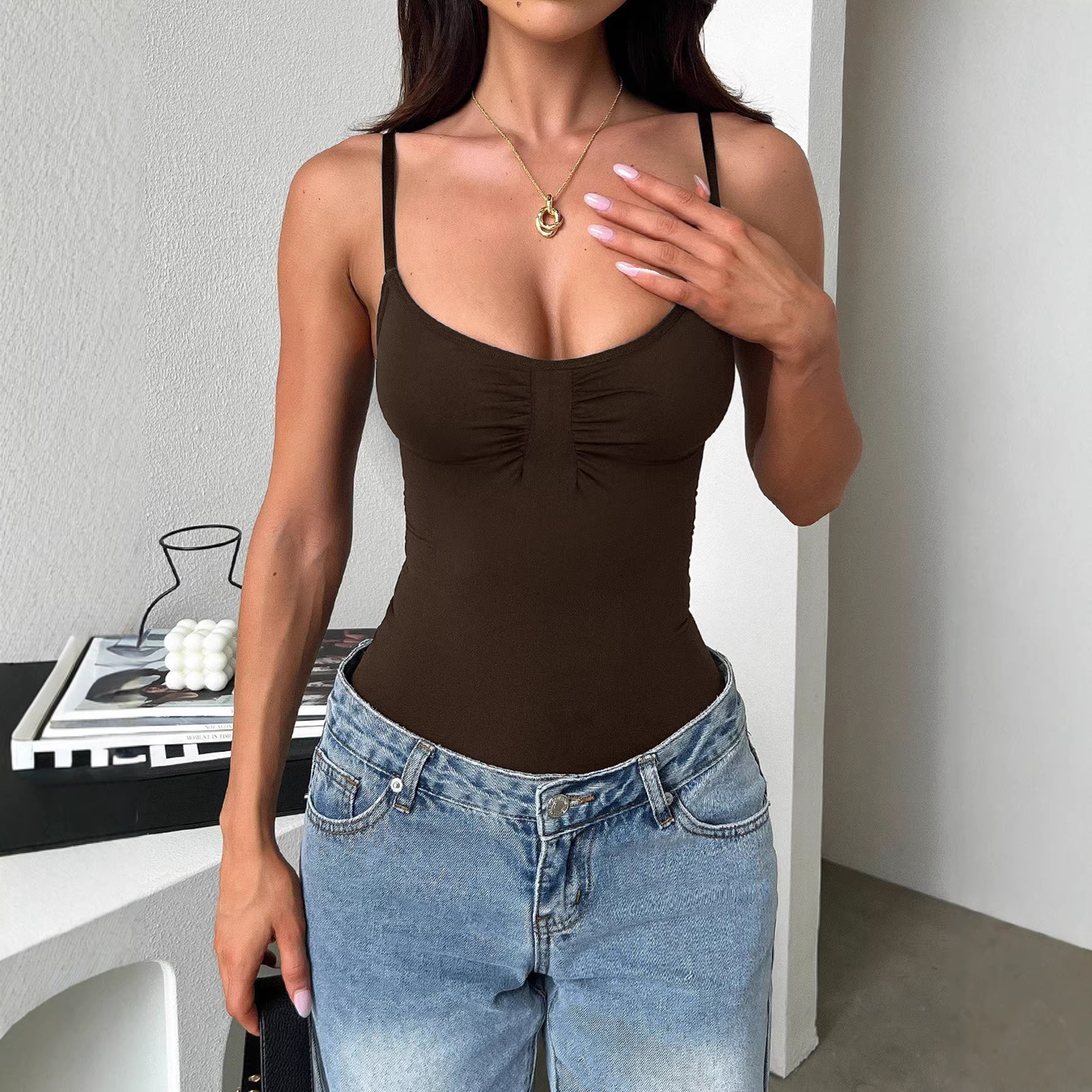Y2K Sexy Sleeveless Cami Vest Bodysuit for Women Solid Color High Waist