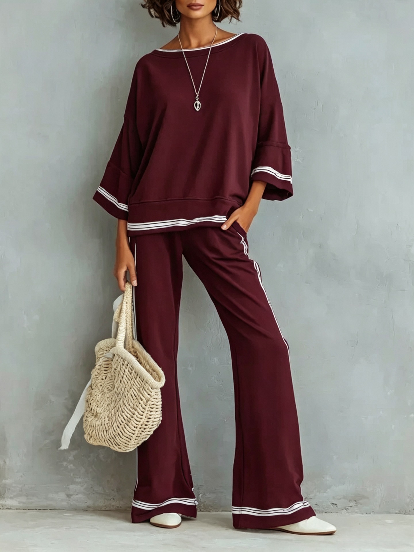 Women's Color-Block Striped Two-Piece Set with Three-Quarter Sleeve Top and Wide-Leg Pants