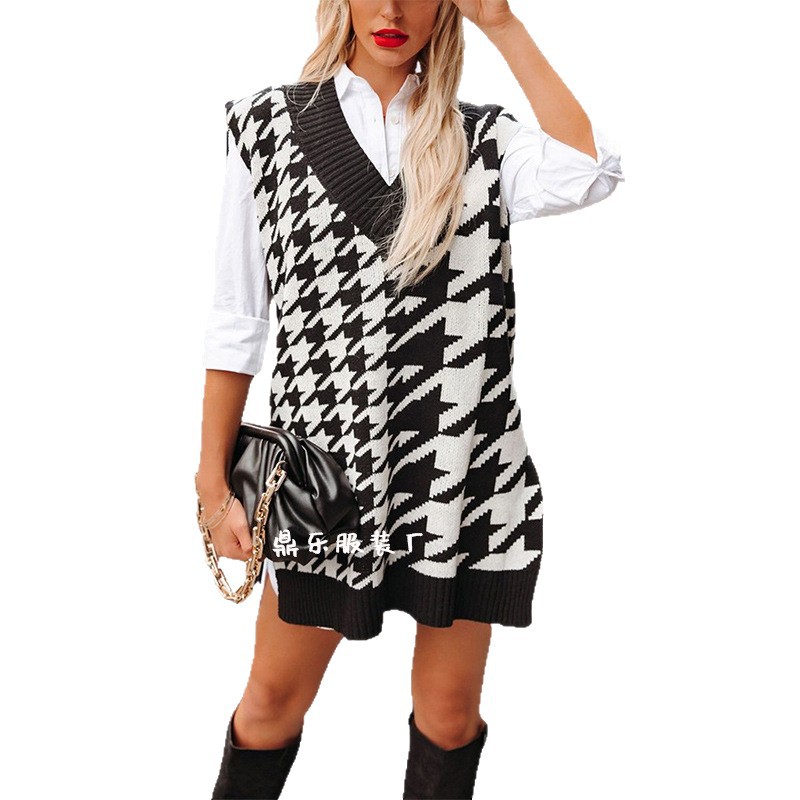 Women's Loose V-Neck Houndstooth Knit Sweater Vest Sleeveless
