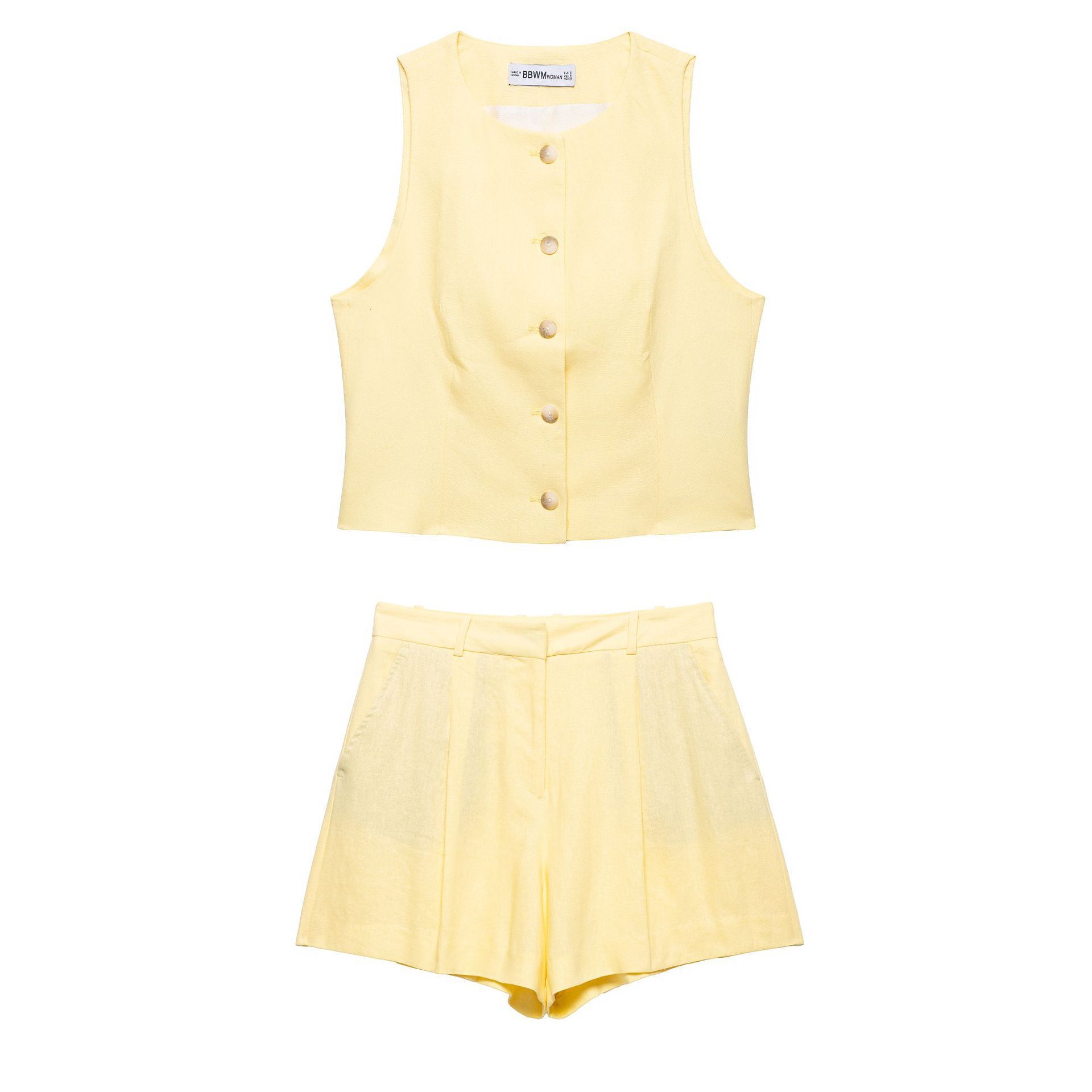 Women's Sleeveless Vest and Shorts Set Solid Color Polyester