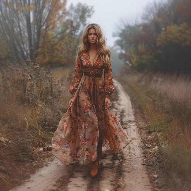 Women's Long Sleeve Digital Print V-Neck Long Dress