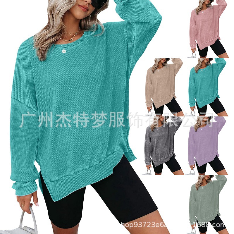 Women's Waffle Knit Crewneck Long Sleeve Side Slit Pullover Top