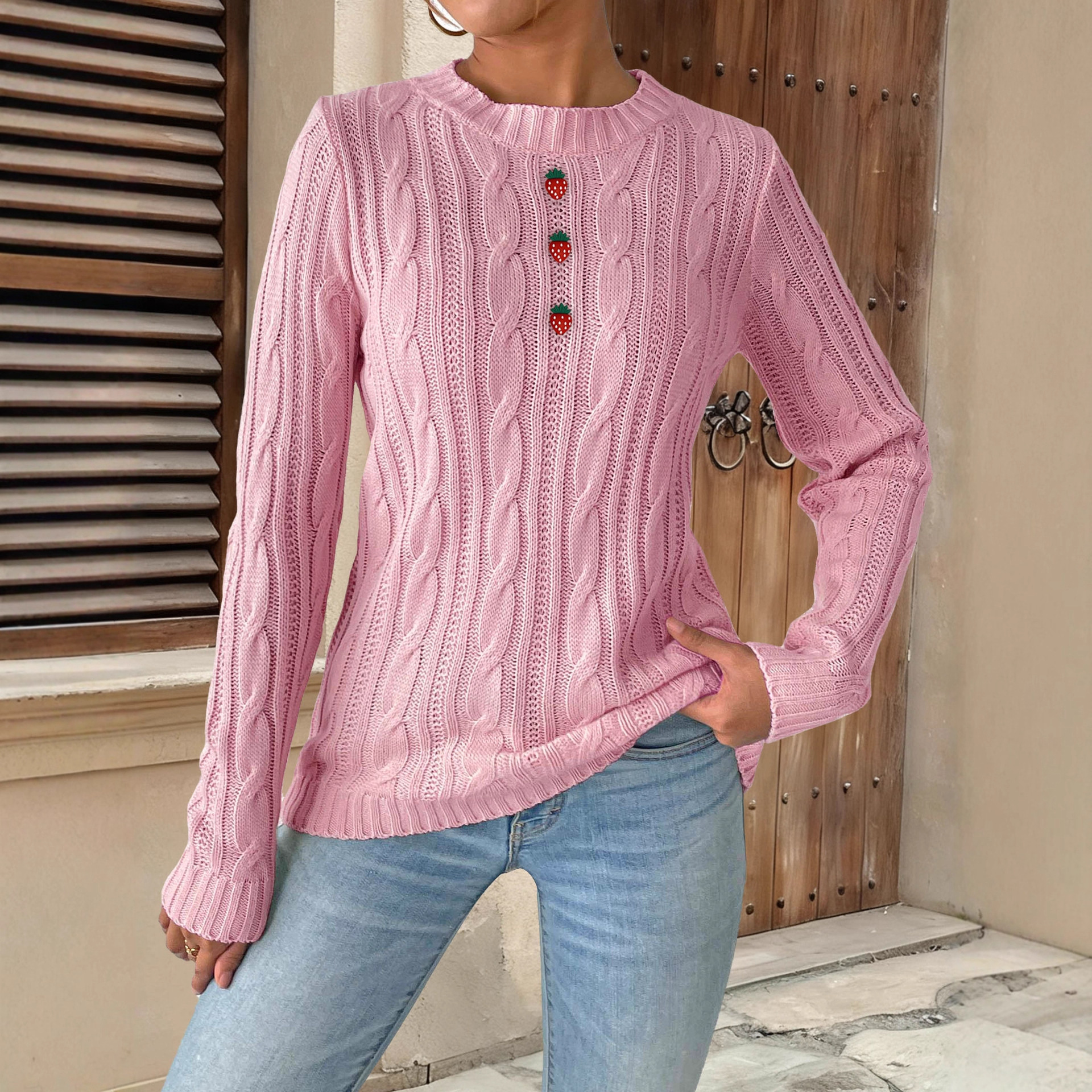 Women's Strawberry Button Crewneck Pullover Knit Sweater