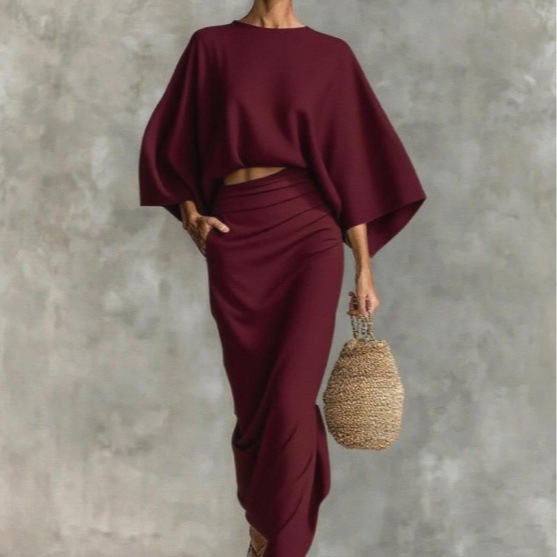 High-Waist Midi Skirt Set with Round-Neck Long-Sleeve Loose Top