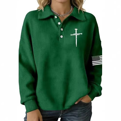 Women's Cross & American Flag Print Button Sweatshirt