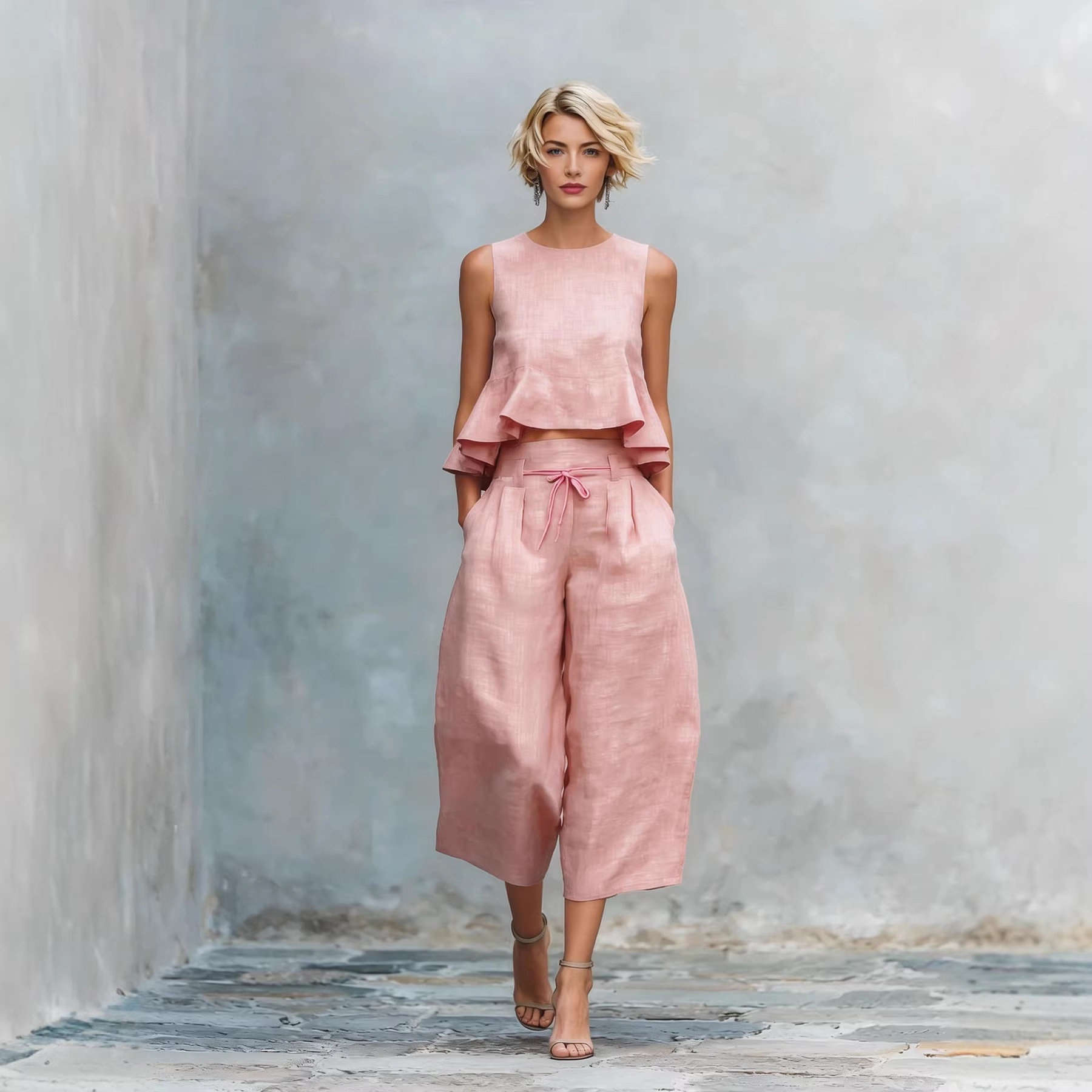 Women's Linen-Blend Two-Piece Set with Ruffle Sleeveless Top and Capri Pants