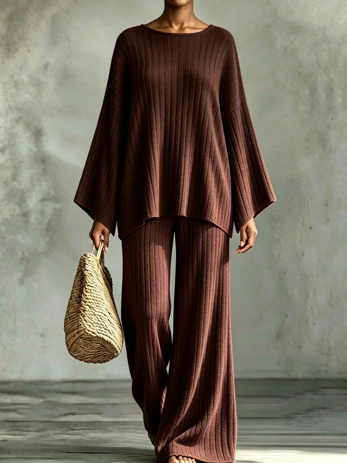 Women's Ribbed Brushed Long Sleeve Top and Pants Set Casual Loungewear