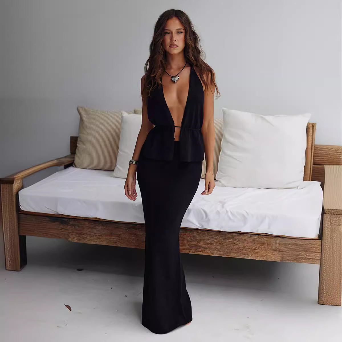 Low-Cut Sleeveless Backless Knit Top and Bodycon Midi Skirt Set