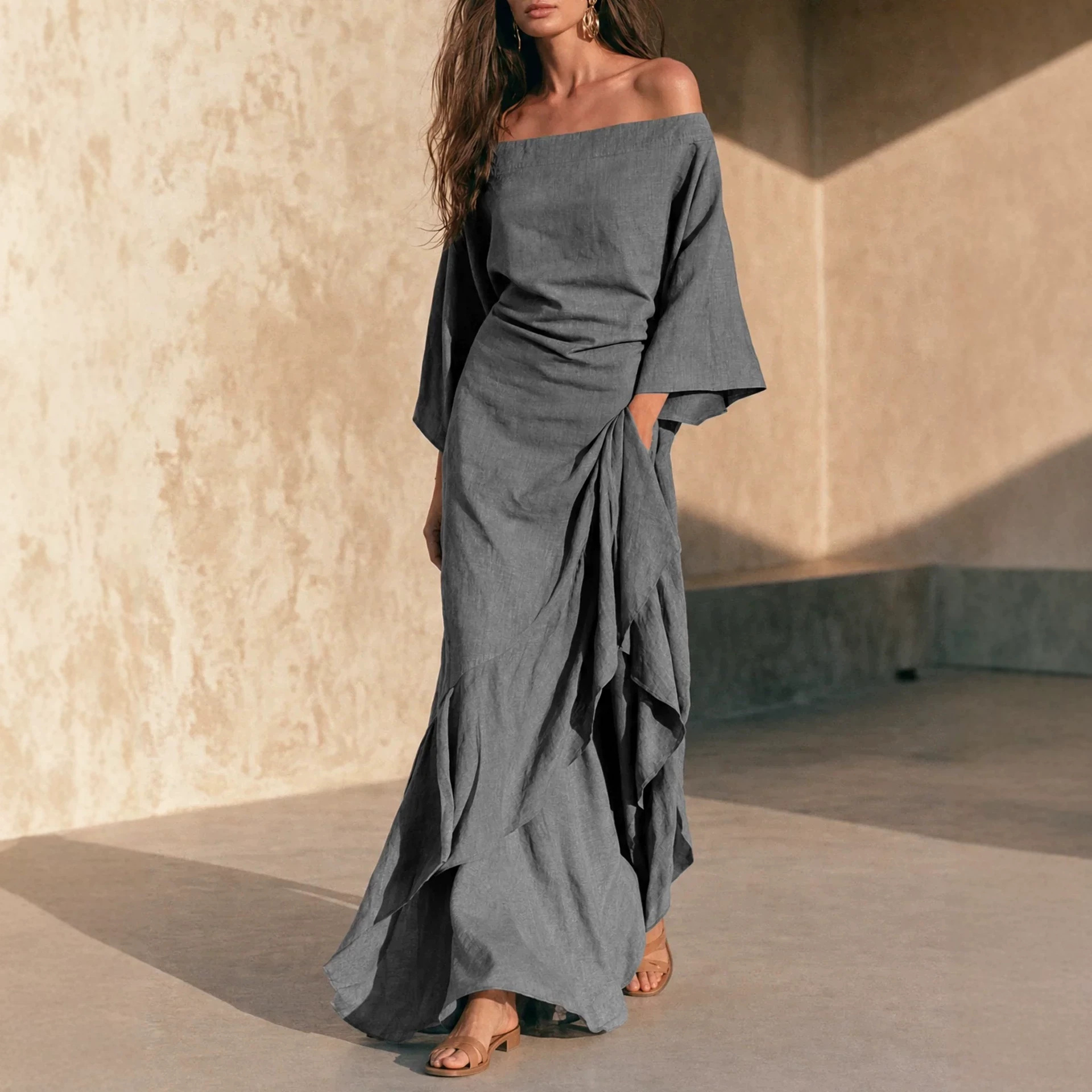 French Off-Shoulder Linen-Blend Maxi Dress with Ruffles and Asymmetric Hem