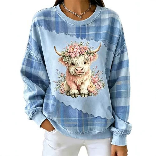 Women's Bull Head Floral Print Crewneck Sweatshirt Casual Pullover