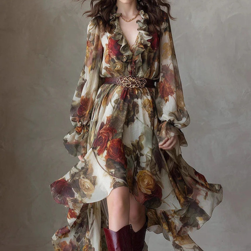 Vintage Oil Painting Rose Print Ruffle V-Neck Long Sleeve Cinched Waist Asymmetric Chiffon Maxi Dress with