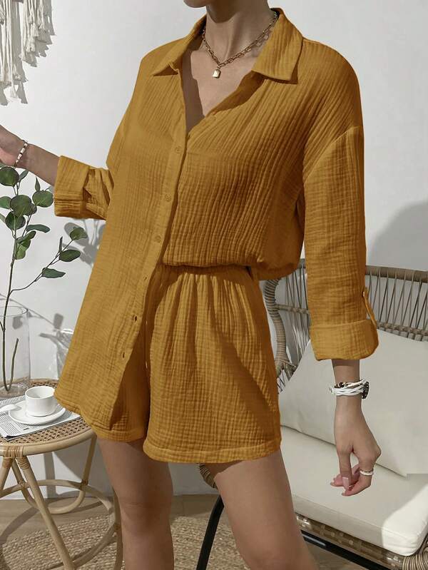 Women's Solid Color Long Sleeve Shirt and Shorts Two-Piece Set Casual Loose Fit