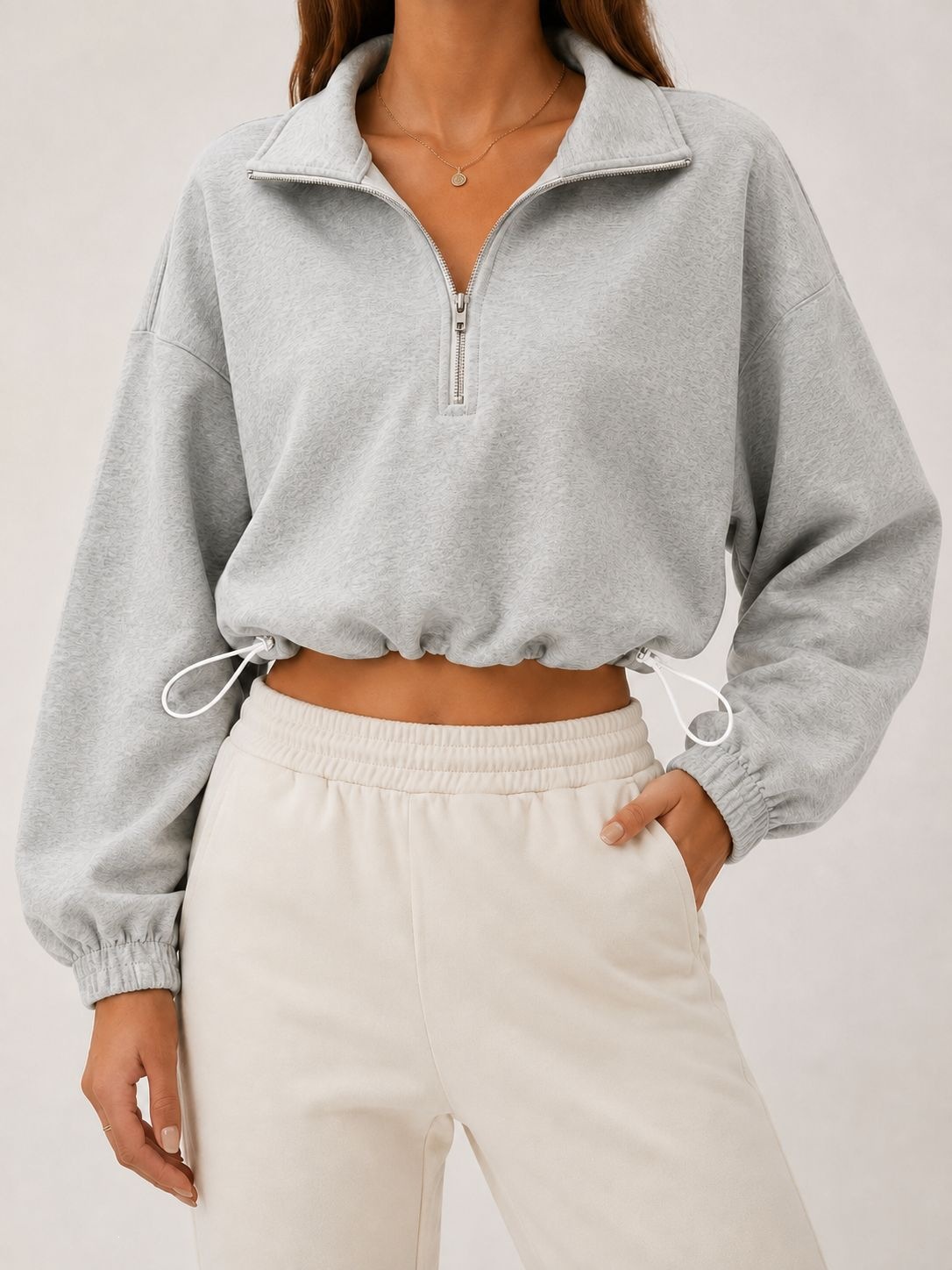 Women's Solid Half-Zip Collared Cropped Hoodie with Drawstring Waist