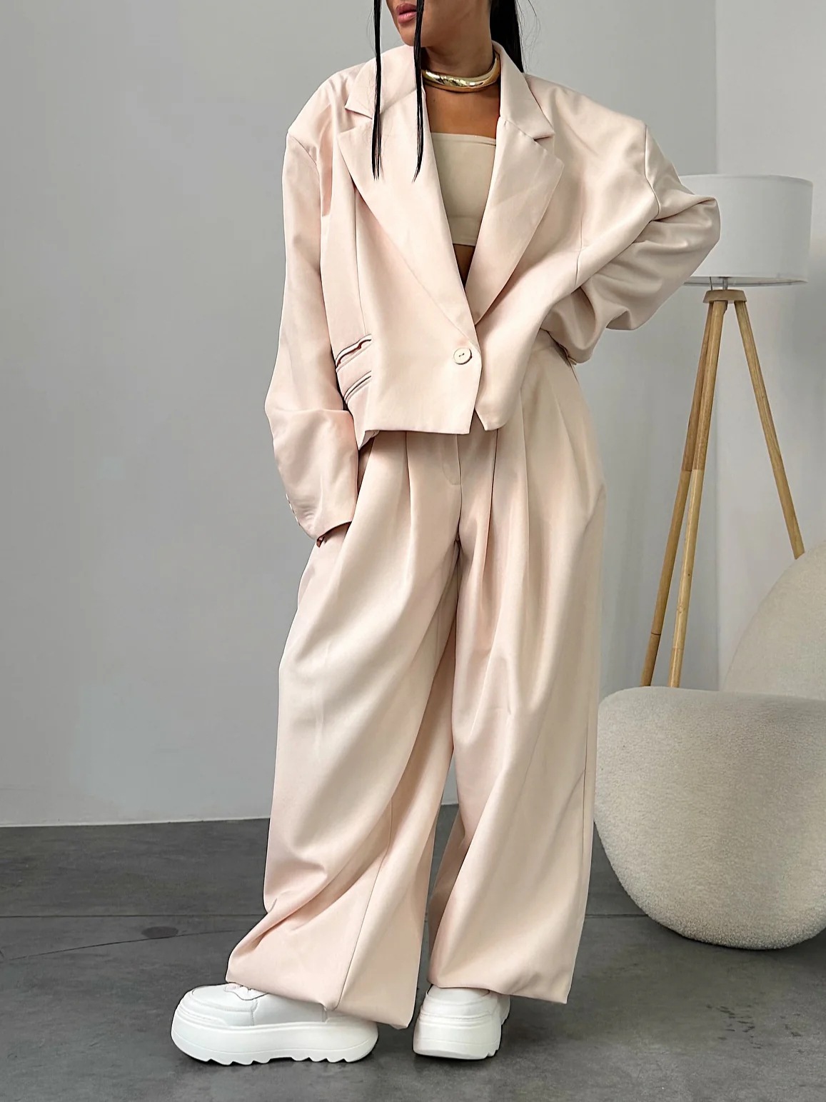 Women's Lapel Single-Breasted Loose Blazer & Wide-Leg Pants Two-Piece Set