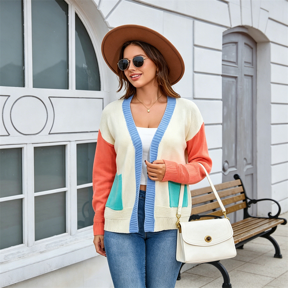 Plus Size Retro Colorblock Pocket Knit Cardigan Sweater Coat