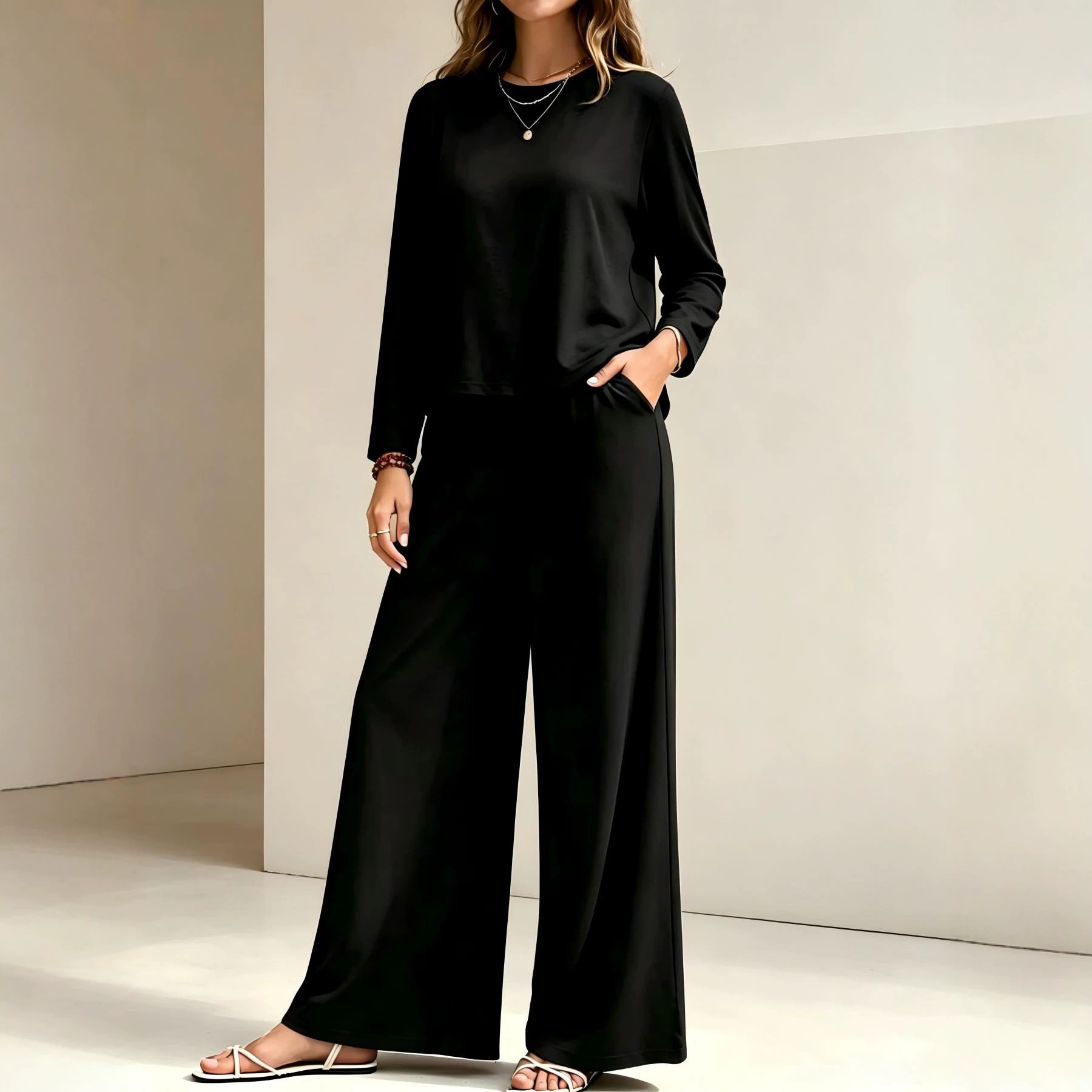 Women's Two-Piece Set Crewneck Long-Sleeve Top & Wide-Leg Pants Solid Color Casual