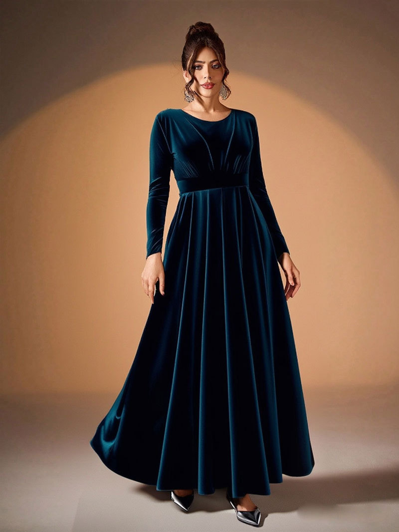 Women's Plus Size Velvet Long Sleeve Ruched A-Line Midi Evening Dress
