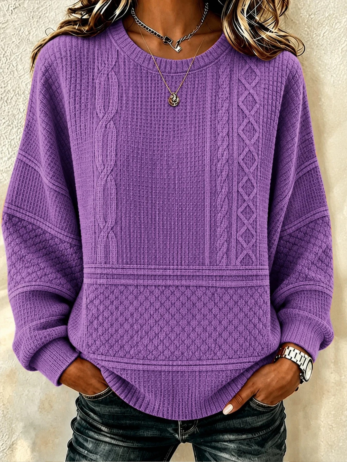 Women's Casual Solid Striped Print Crewneck Long-Sleeve Sweatshirt