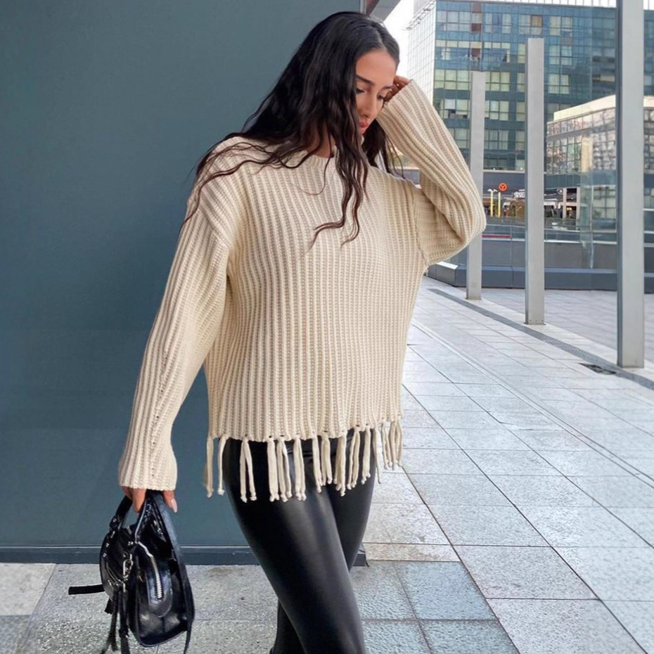 Fringe Sweater Women's Thick Loose Casual Solid Color Long Sleeve Knit Top