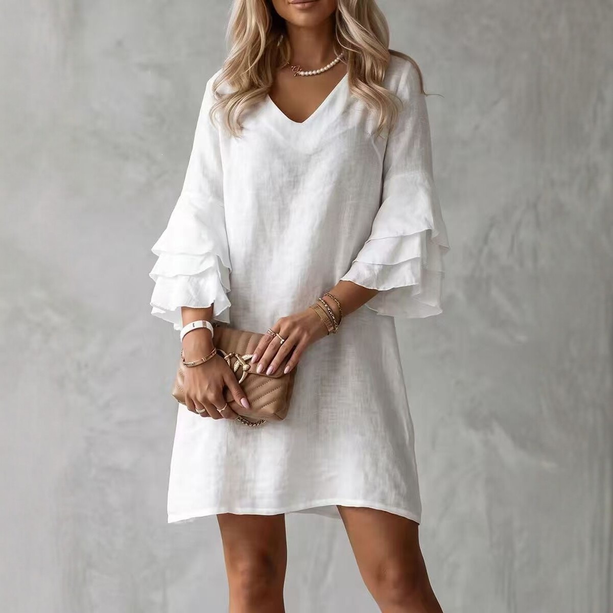 V-Neck Cotton-Linen Dress with Ruffle Sleeves