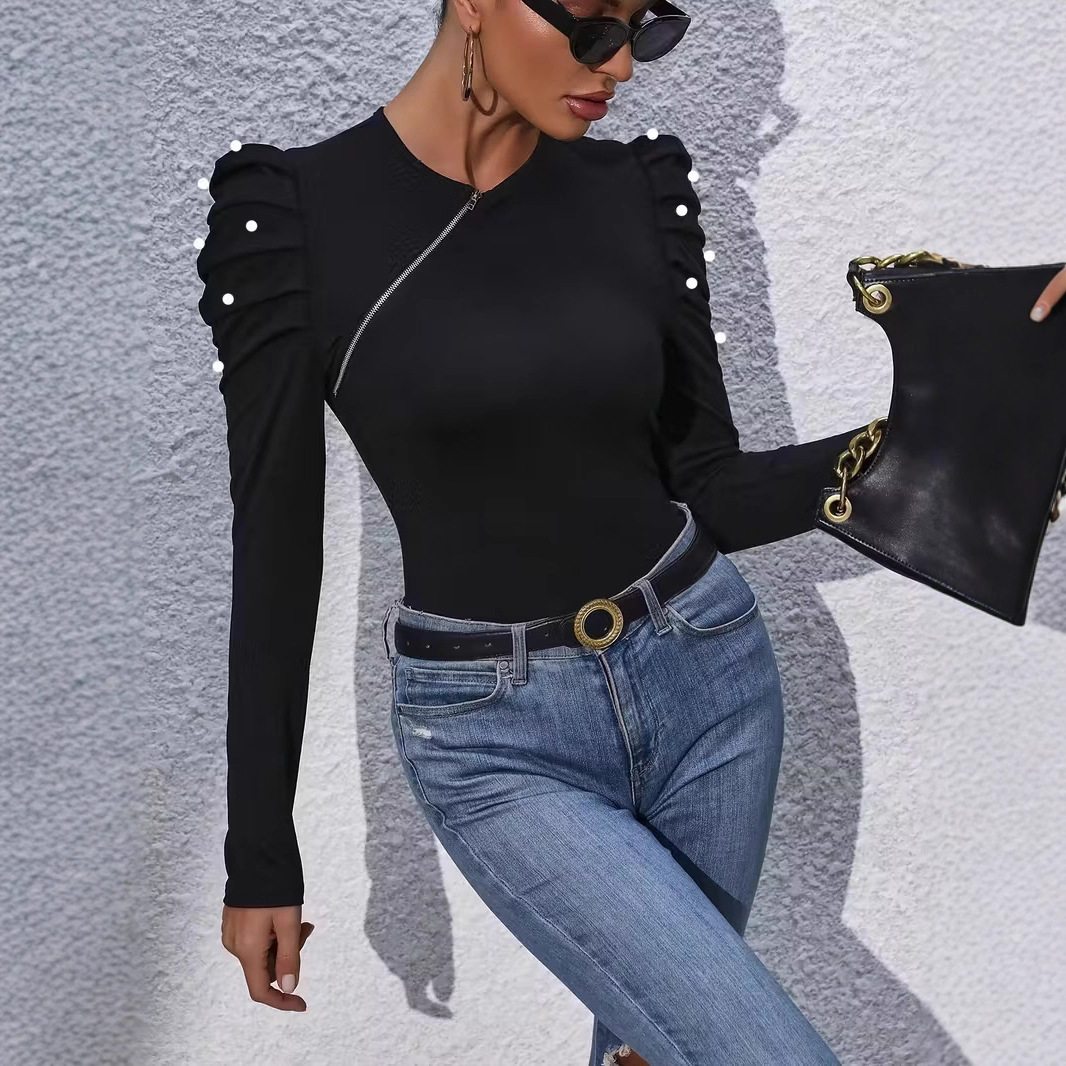 Elegant Pearl Beaded Puff Sleeve Asymmetric Zip T-Shirt