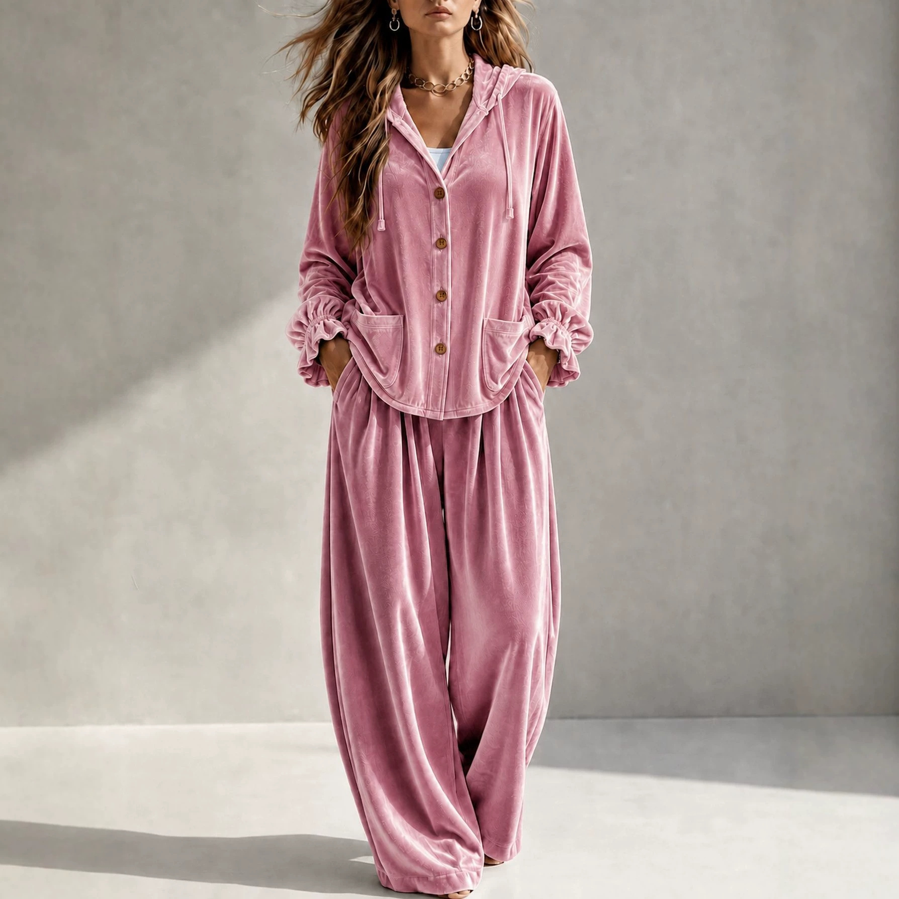 Velvet Open-Front Cardigan and Pants Two-Piece Set with Pockets