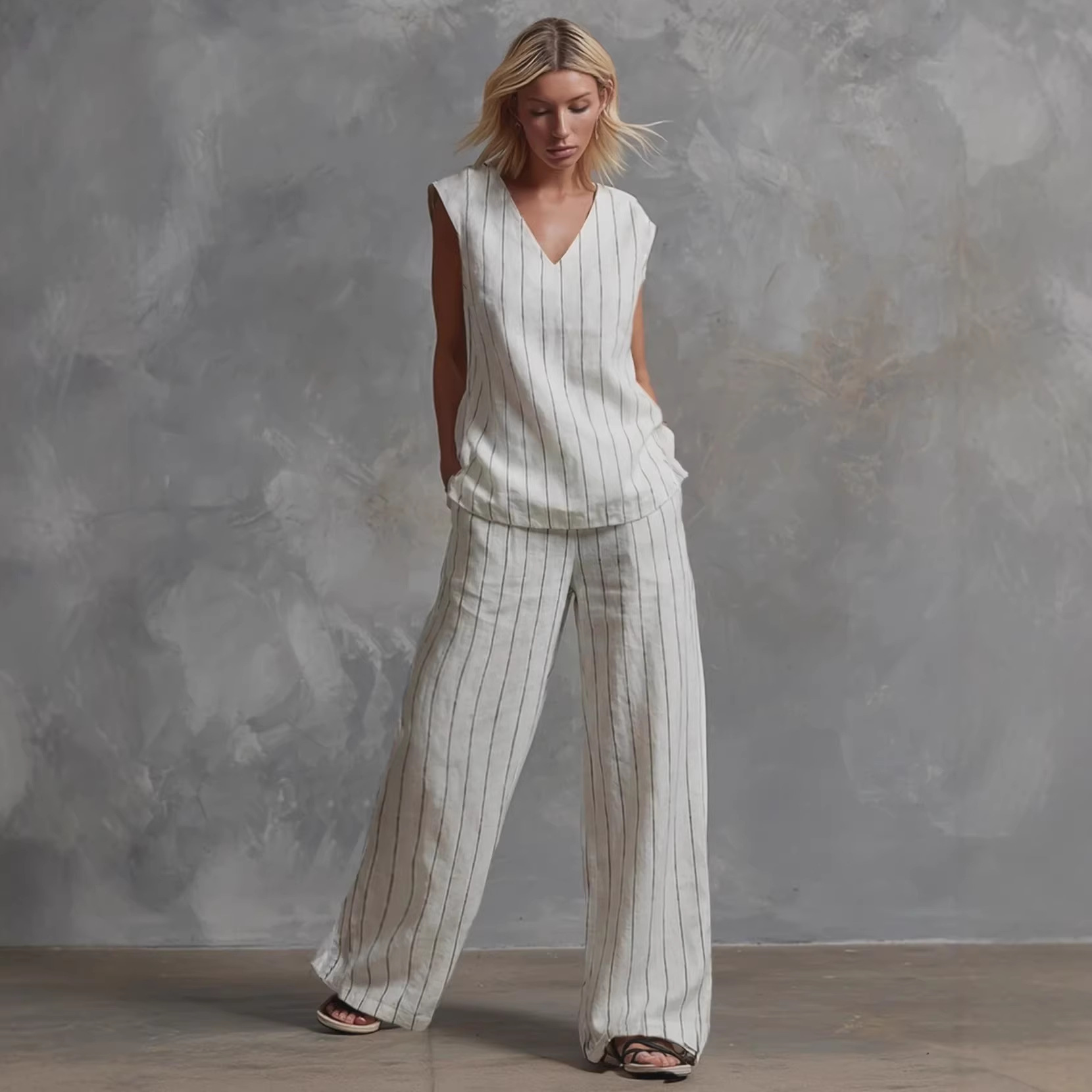Women's Striped Sleeveless Top and Wide-Leg Pants Casual Set