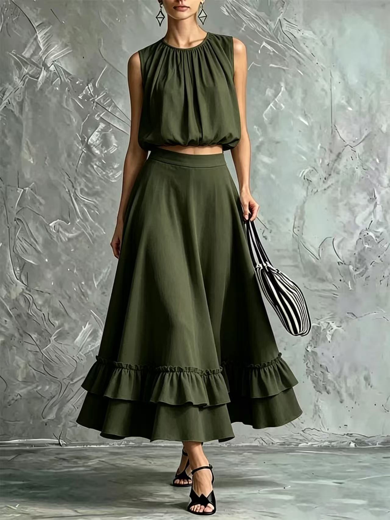 Women's Sleeveless Round Neck Top and Ruffle Hem Maxi Skirt Set