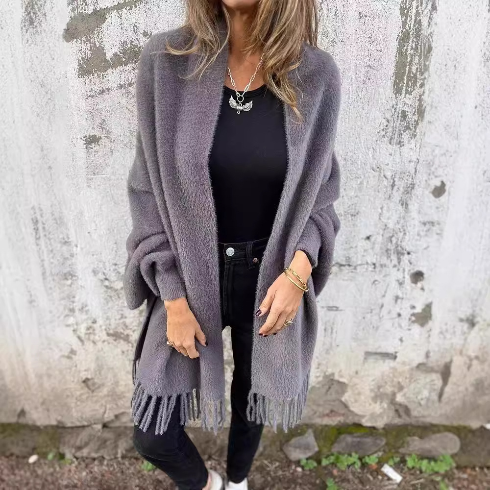 Casual Knit Faux Fur Fringe Shawl Cardigan