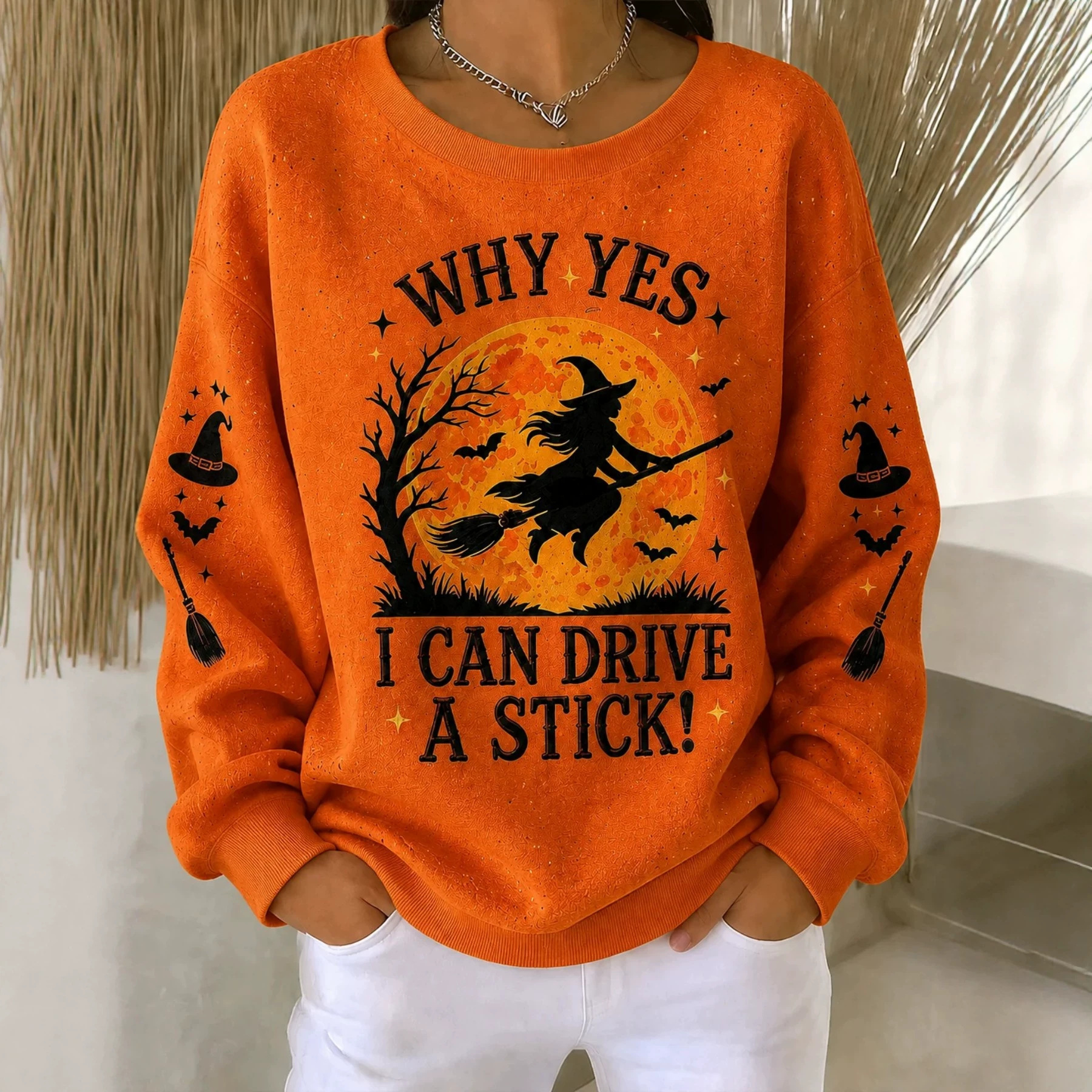 Halloween Witch Broom Flying Print Crewneck Long Sleeve Sweatshirt