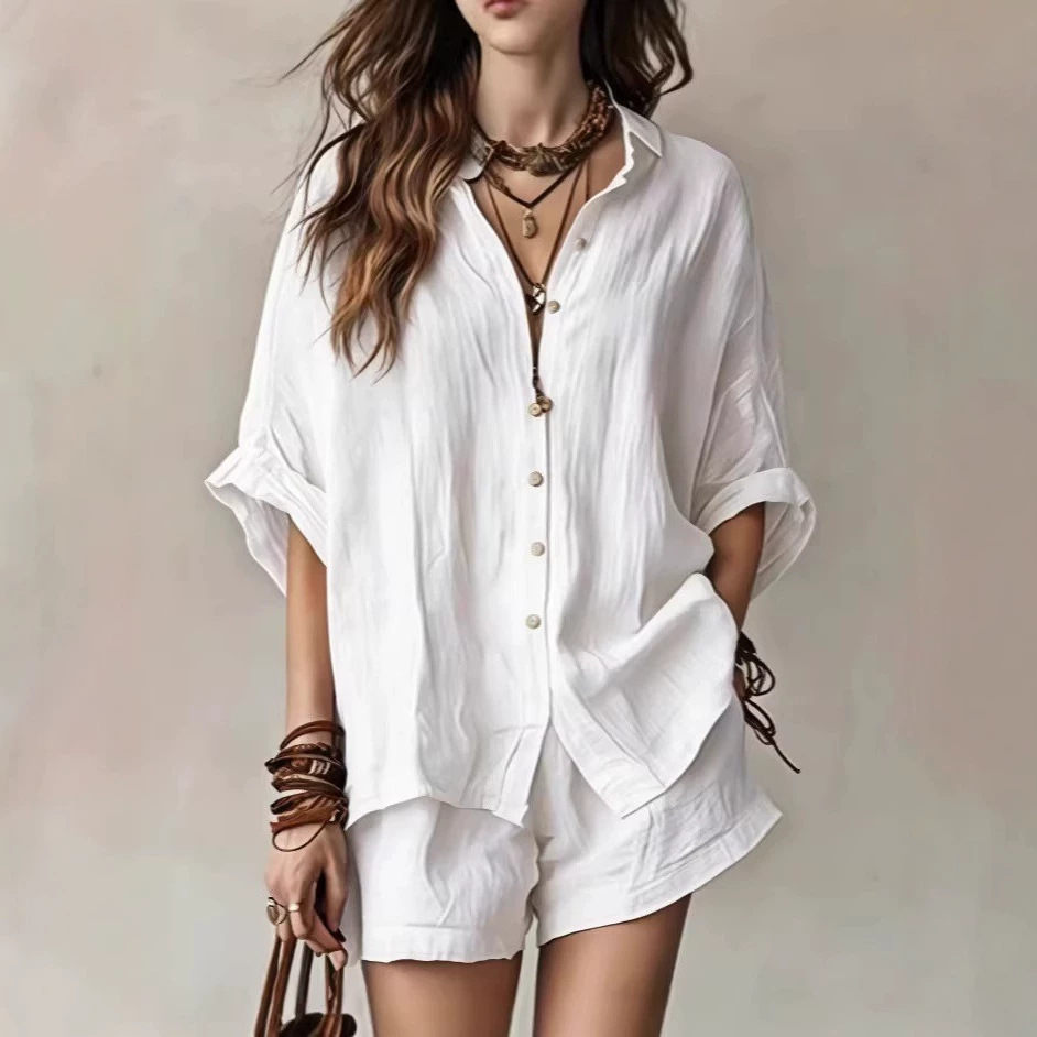 Women's Casual Two-Piece Set Loose Short Sleeve Collared Shirt and Shorts