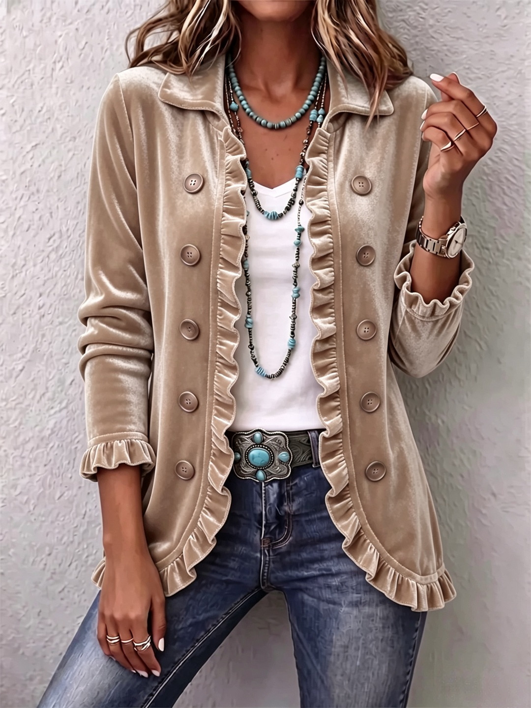 Women's Velvet Ruffle Button-Front Cardigan Long Sleeve