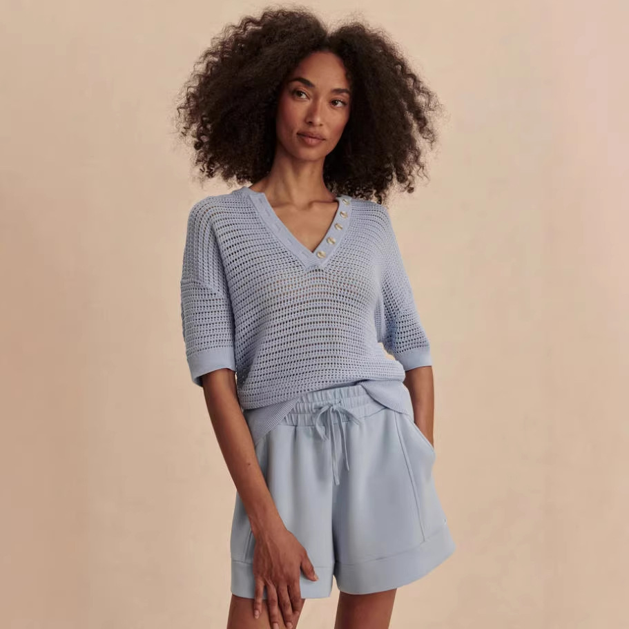 V-Neck Hollow-Out Knit Top Short Sleeve Casual Vacation Pullover