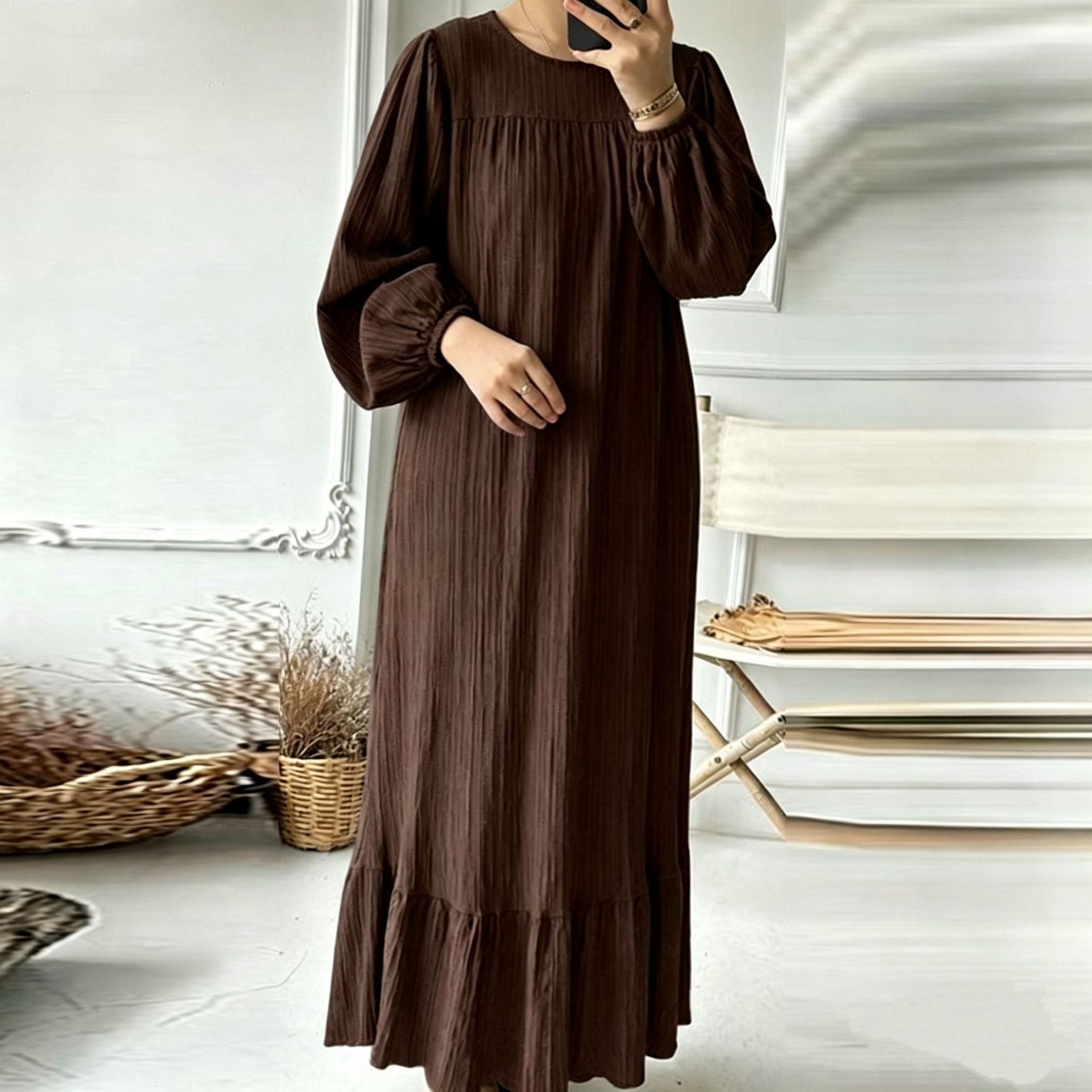 Women's Puff Sleeve Ruffle Hem Long Dress Solid Color