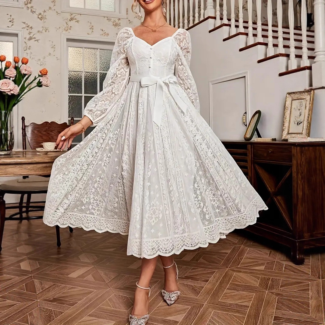 Elegant Vintage Lace V-Neck Long Sleeve A-Line Maxi Dress