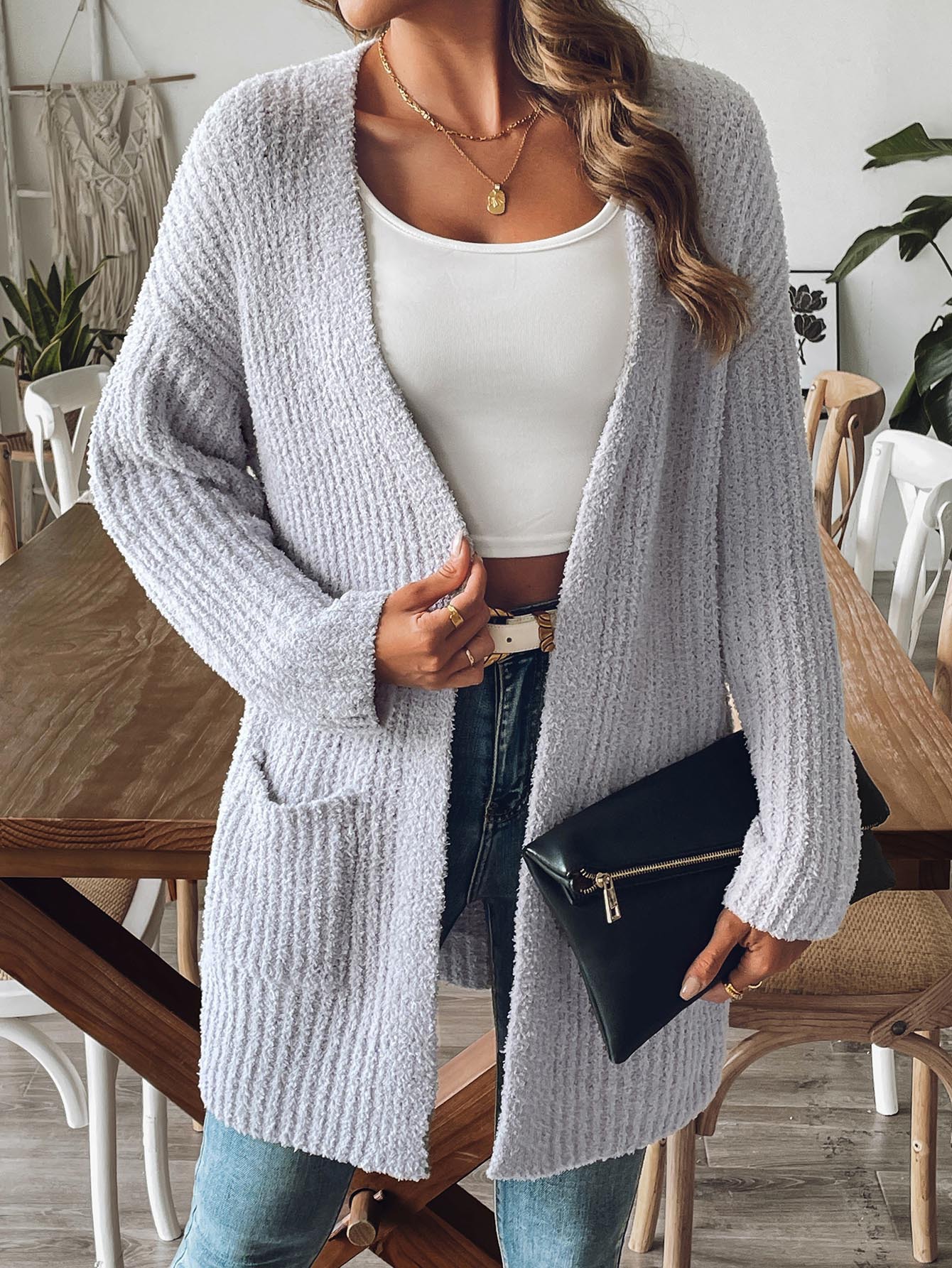 Women's Soft Knit Open-Front Cardigan Sweater with Pockets