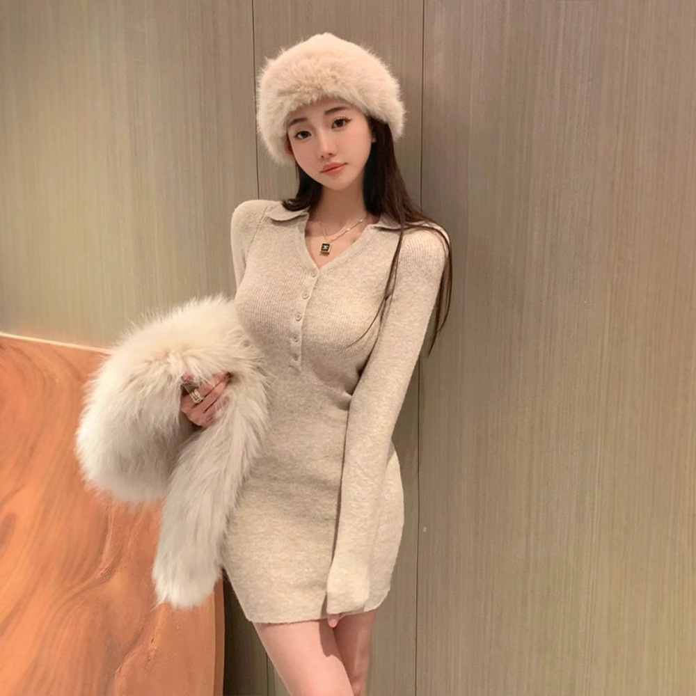 Women's Knit Long Sleeve Bodycon Mini Dress V-Neck Flare Sleeve